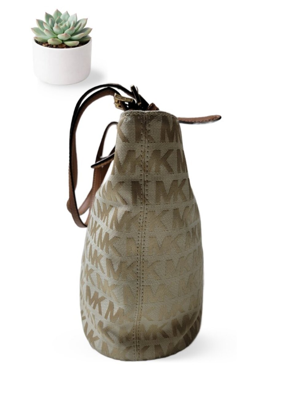 Michael Kors Jet Set Medium Travel Tote Beige MK Monogram Canvas Shoulder Bag - Picture 4 of 9